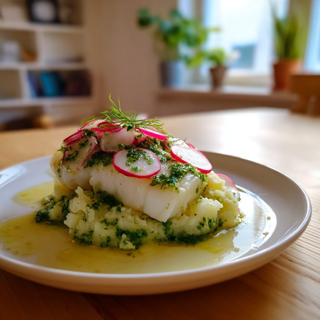 Pochiertes Viktoriabarschfilet auf Kräuter-Kartoffel-Stampf mit Radieschen und Zitronenbutter