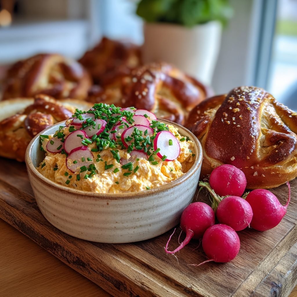 Radieschen-Brotzeit mit Obatzda-Creme und Brezeln