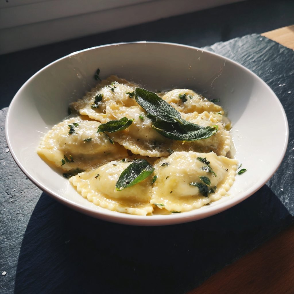 Ravioli mit Ricotta-Bärlauch-Füllung und brauner Butter
