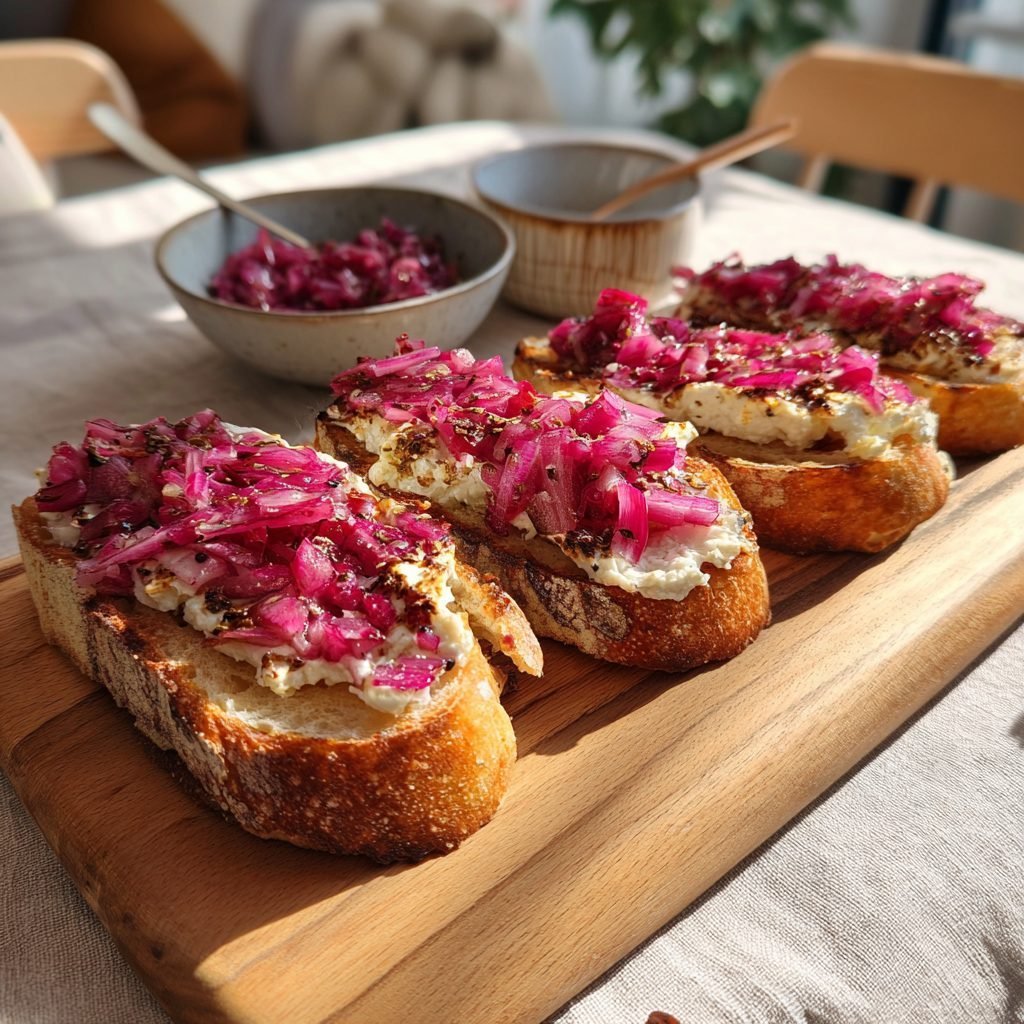 Rhabarber-Chutney mit Ziegenfrischkäse und geröstetem Brot