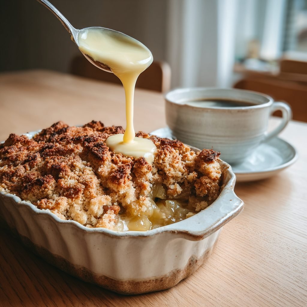 Rhabarber Crumble mit Vanillesauce