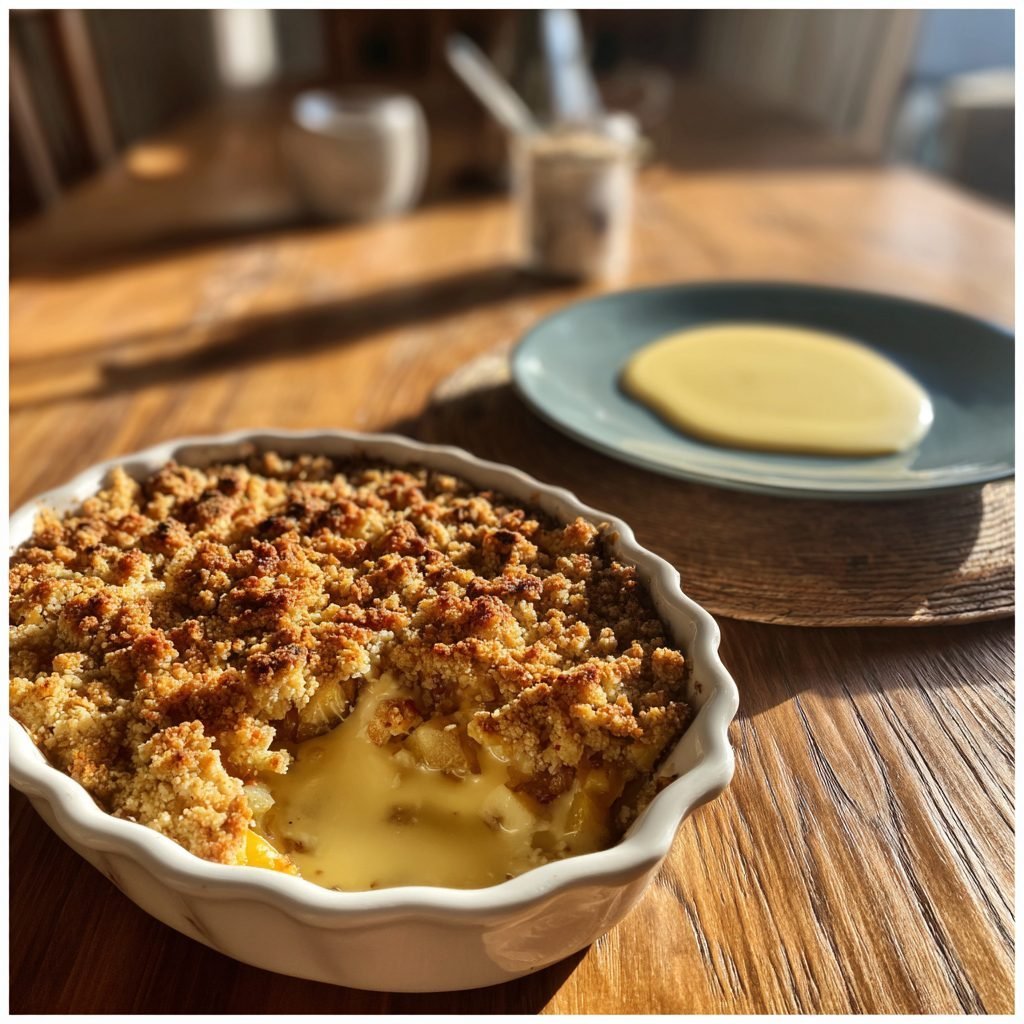 Rhabarber-Crumble mit Vanillesauce
