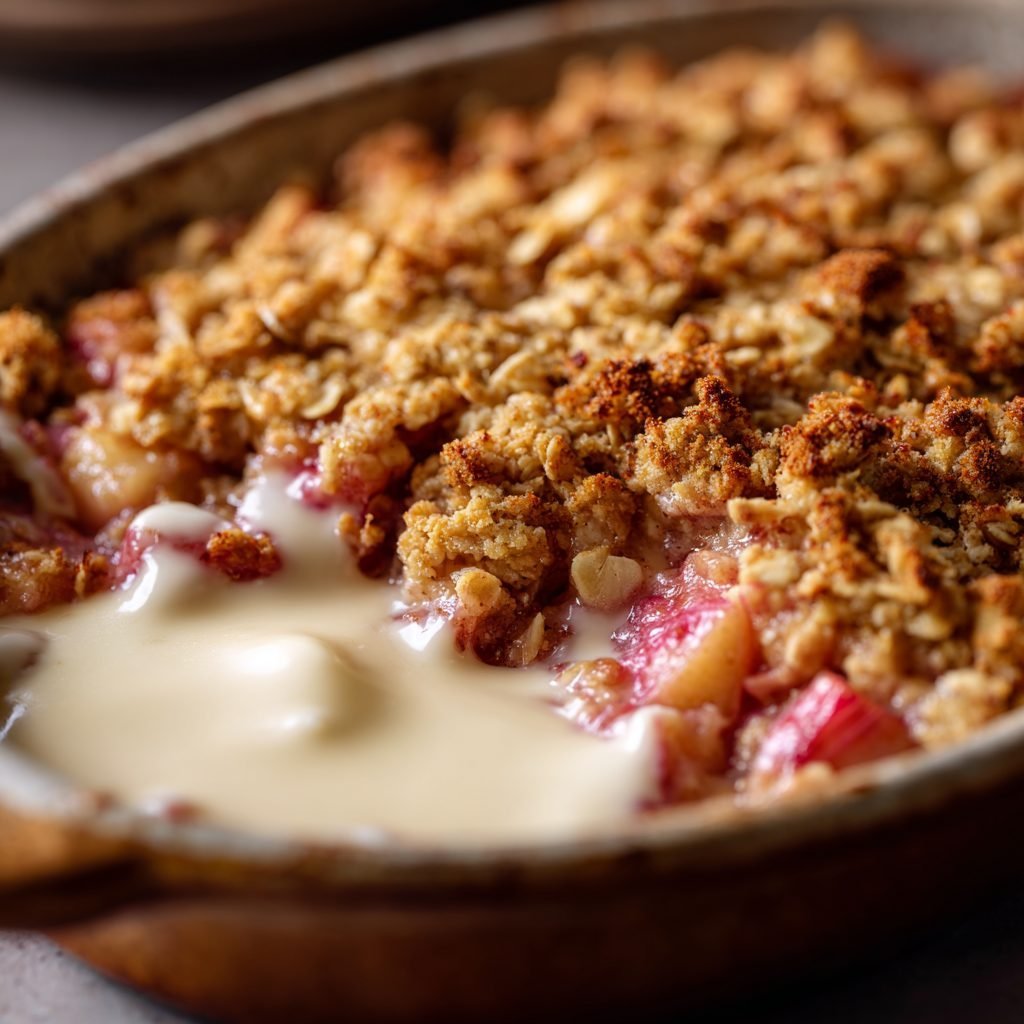 Rhabarber Crumble mit Vanillesauce