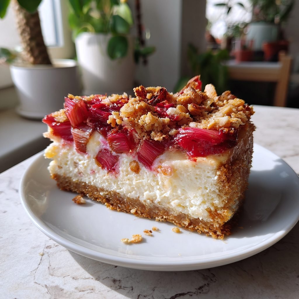 Rhabarber-Käsekuchen ohne Boden mit Mandelstreuseln