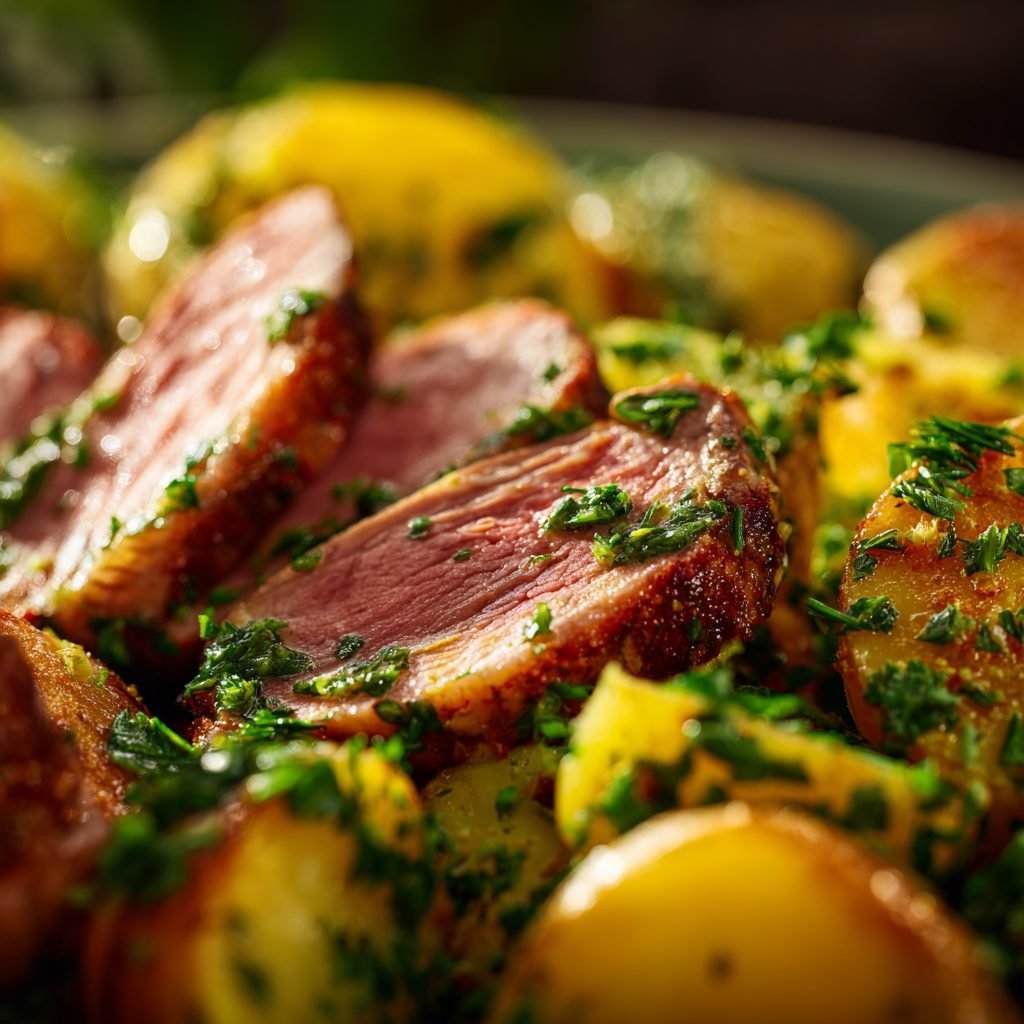 Rheinischer Kartoffelsalat mit Kräutern und gebratenem Lammfilet