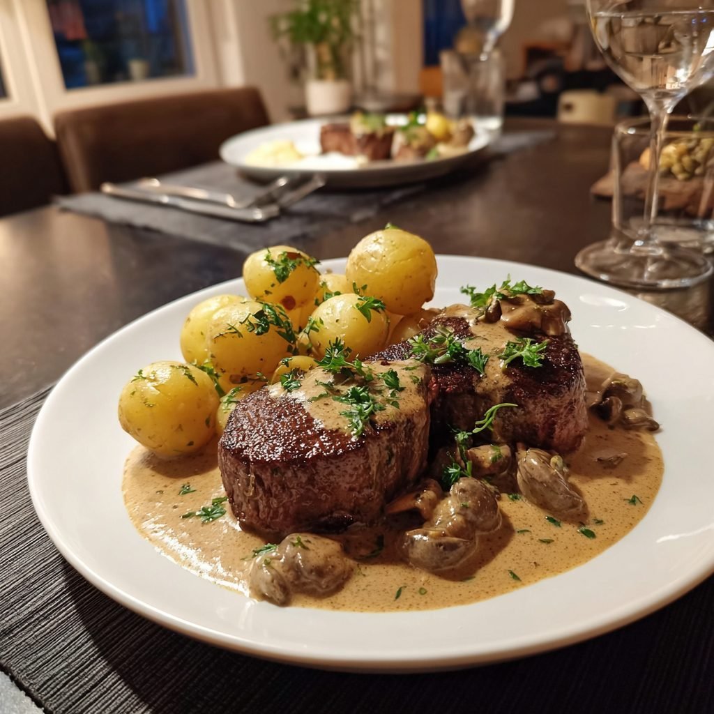 Rinderfilet-Medaillons mit Morchelrahmsauce und neuen Kartoffeln
