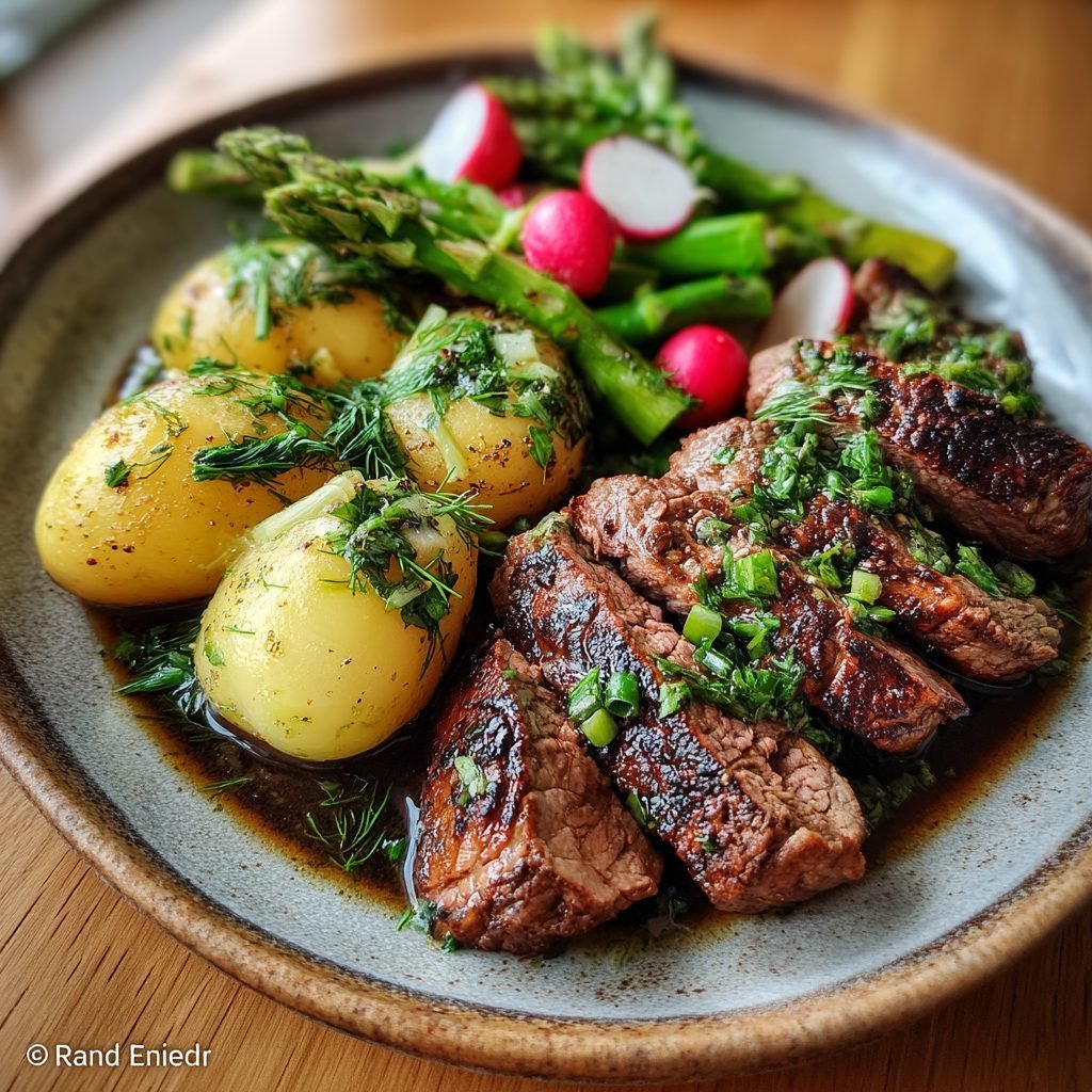 Rinderfiletstreifen "Frühlingswiese" mit Dillkartoffeln und Spargel-Radieschen-Salat