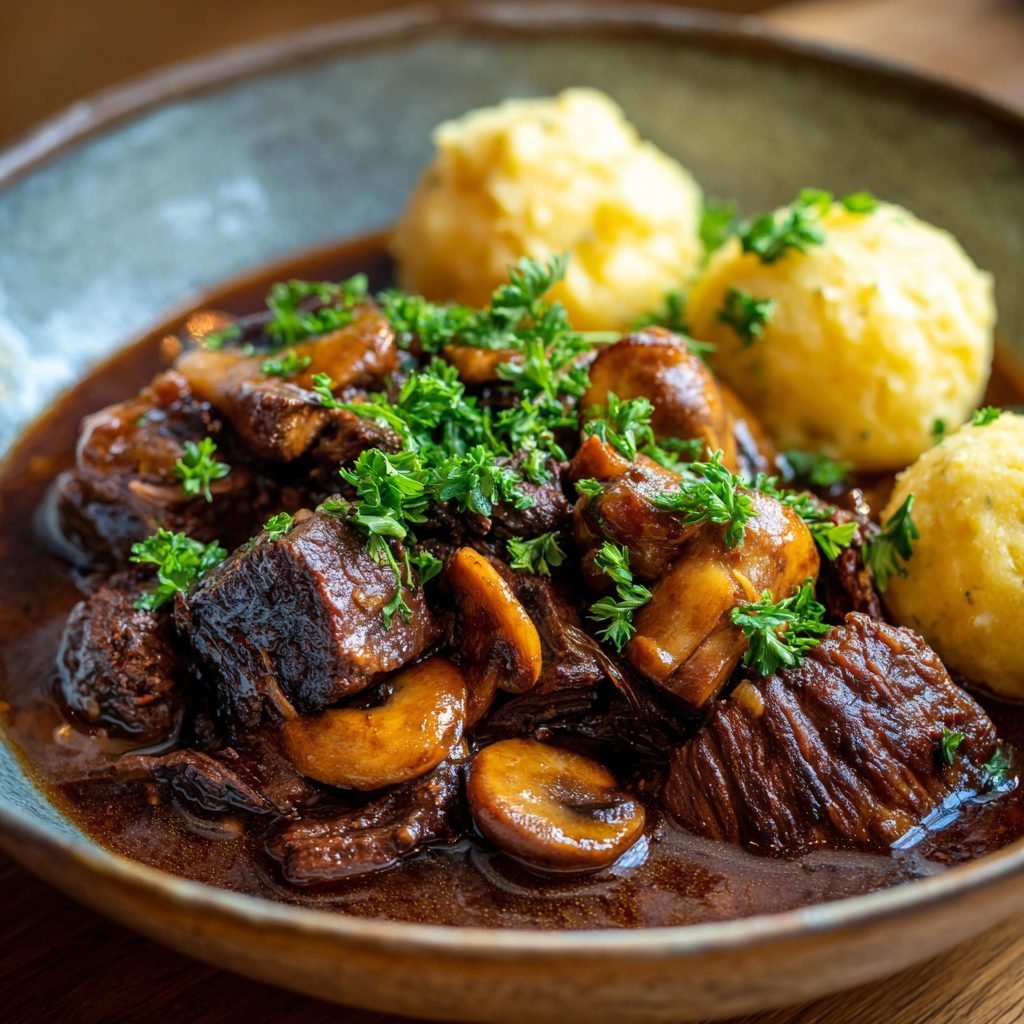 Rindergulasch mit Pilzen und Kartoffelknödeln