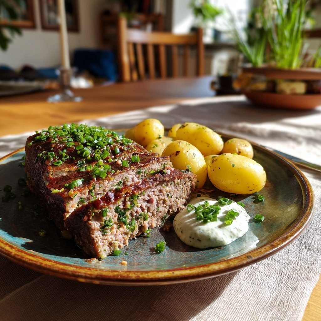 Rinderhackbraten 'Frühlingslust' mit Schnittlauch-Quark und neuen Kartoffeln