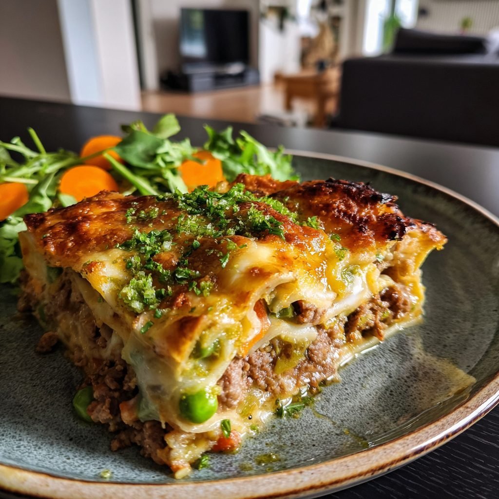 Rinderhackfleisch-Lasagne mit Frühlingsgemüse und Bärlauchpesto