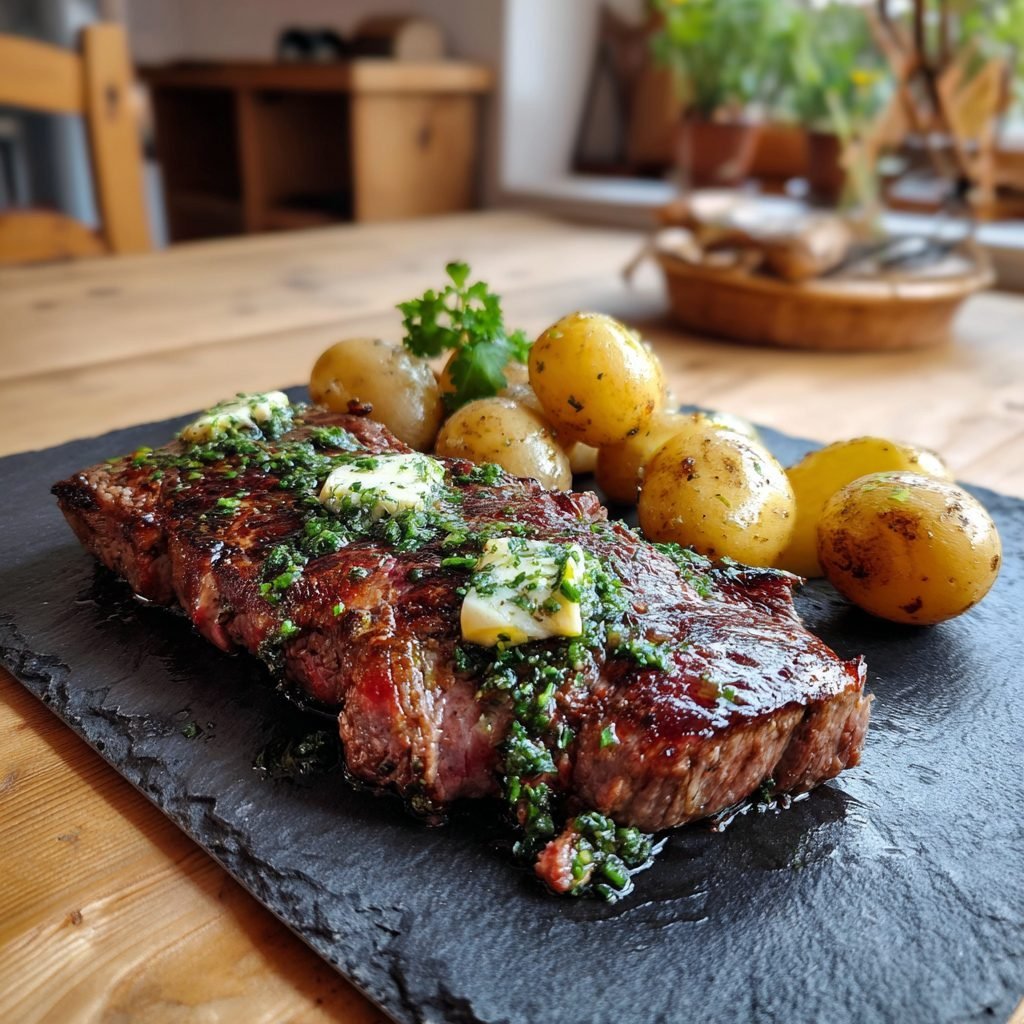 Rinderhüftsteak mit Radieschen-Schnittlauch-Butter und neuen Kartoffeln mit Kerbel