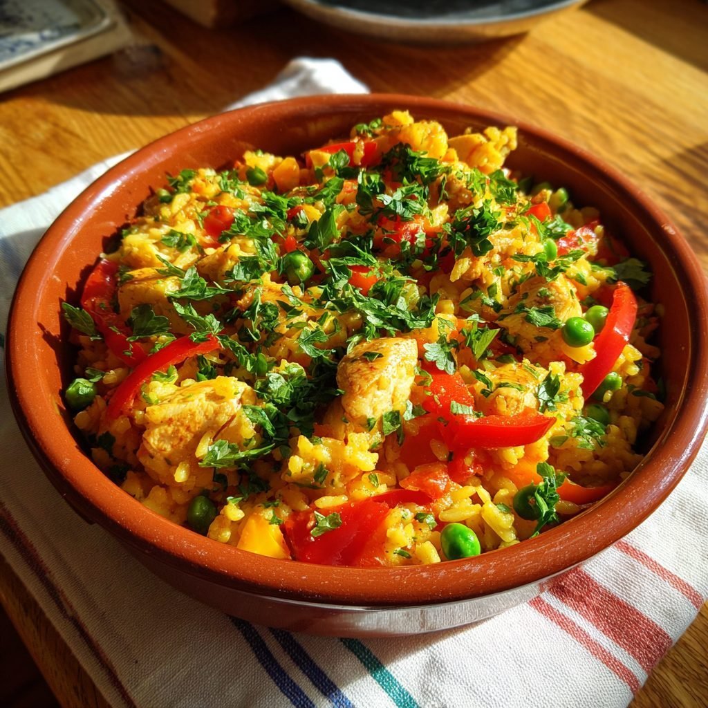Spanischer Hähnchen-Reis-Topf mit Paprika und Erbsen