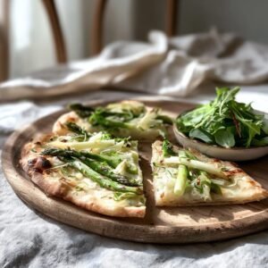Spargel-Flammkuchen mit Crème fraîche und Frühlingszwiebeln