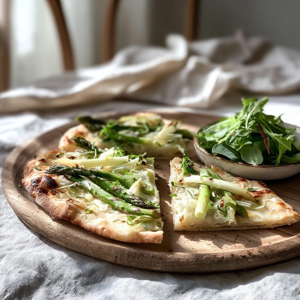 Spargel-Flammkuchen mit Crème fraîche und Frühlingszwiebeln