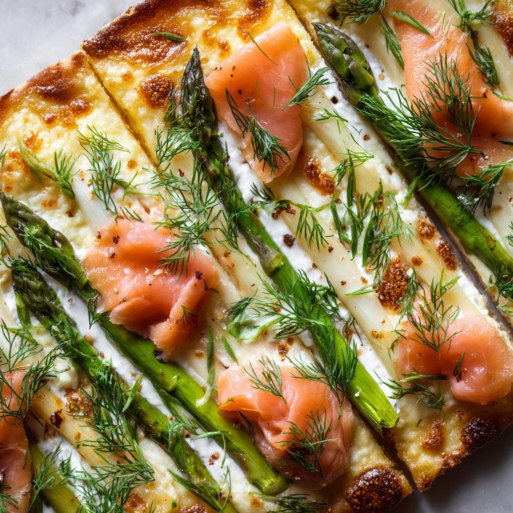Spargel-Flammkuchen mit Lachs und Dill