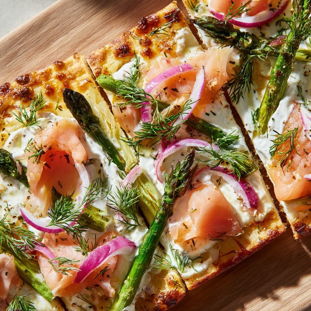 Spargel-Flammkuchen mit Räucherlachs und Crème fraîche