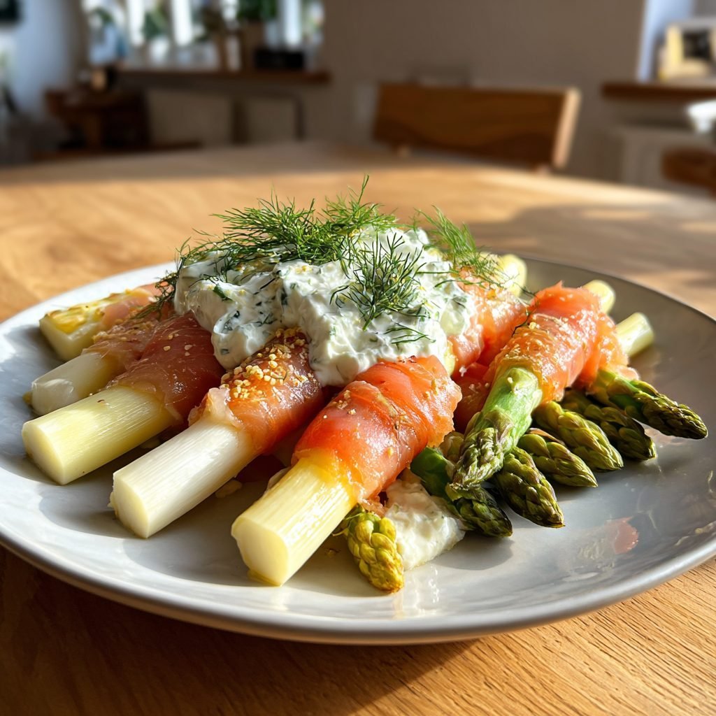 Spargel-Röllchen mit geräuchertem Forellenfilet und Dill-Crème fraîche