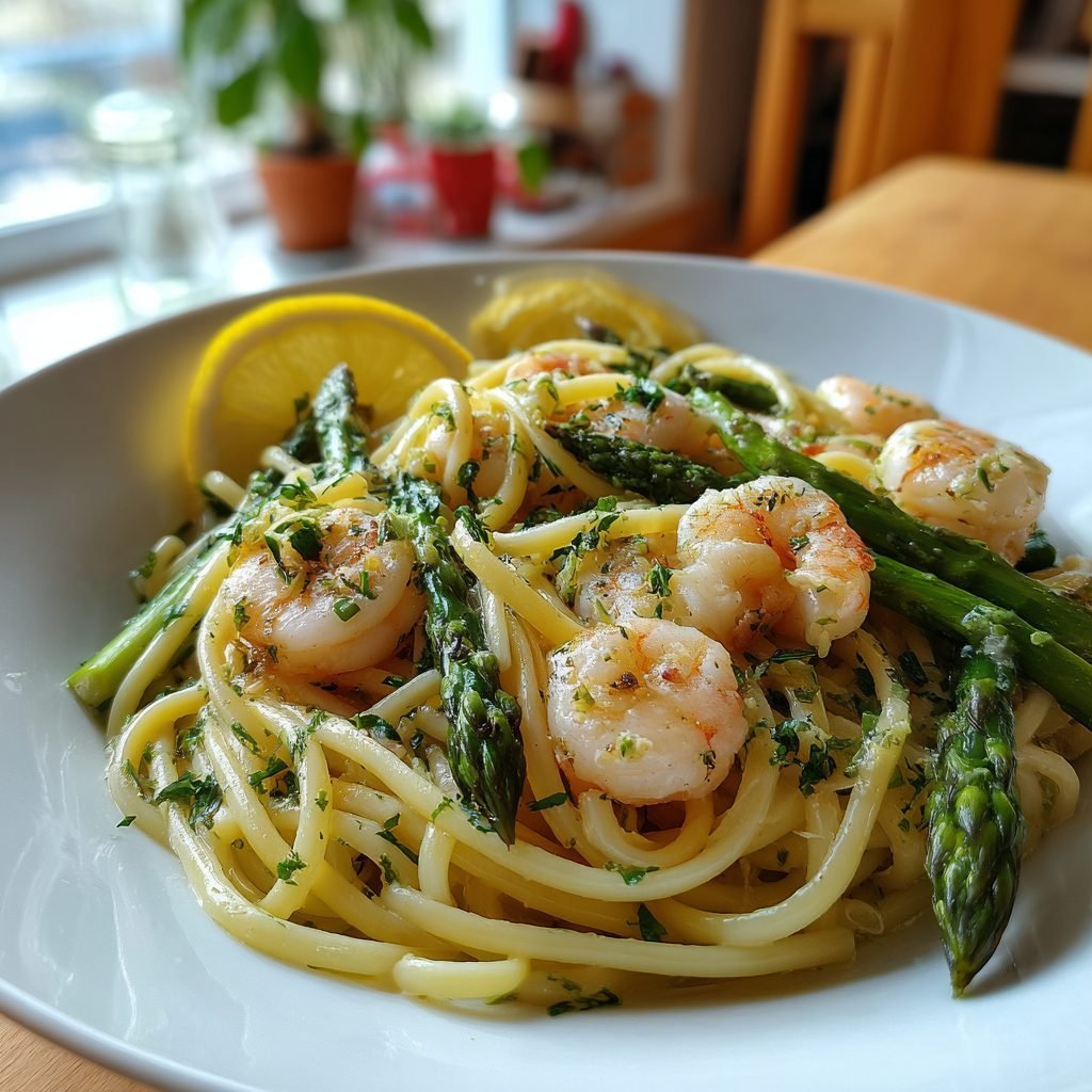 Spargel-Zitronen-Pasta mit Garnelen