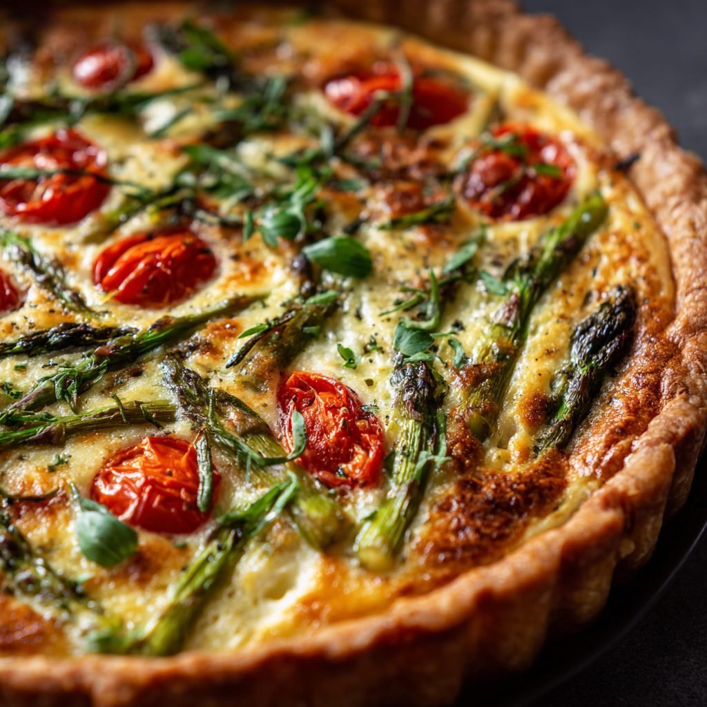 Spargelquiche mit Kirschtomaten und Kräutern