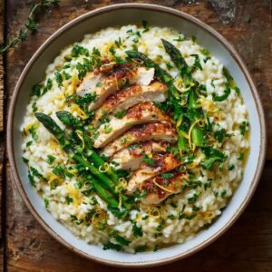 Spargelrisotto mit Zitronen-Kräuter-Hähnchenbrust