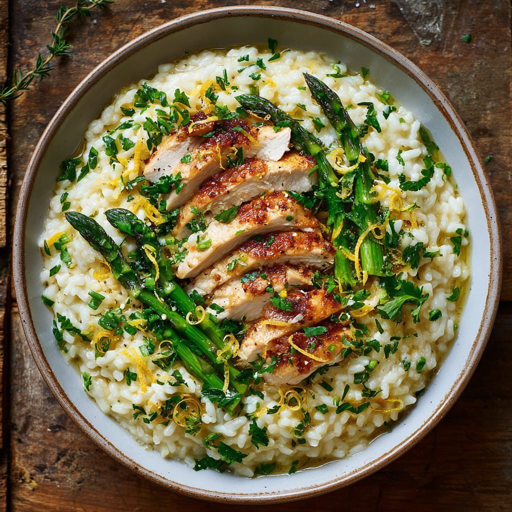 Spargelrisotto mit Zitronen-Kräuter-Hähnchenbrust