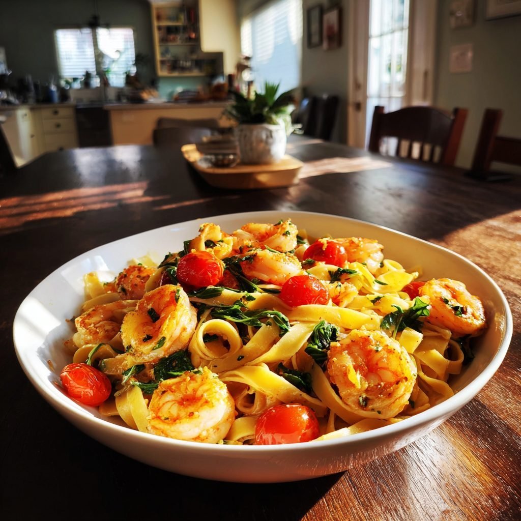 Tagliatelle mit Garnelen, Kirschtomaten und Rucola