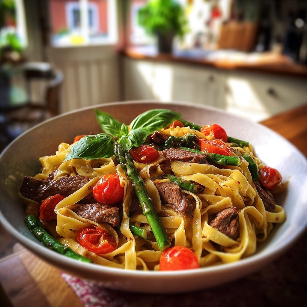Tagliatelle mit Rinderstreifen, grünem Spargel und Kirschtomaten