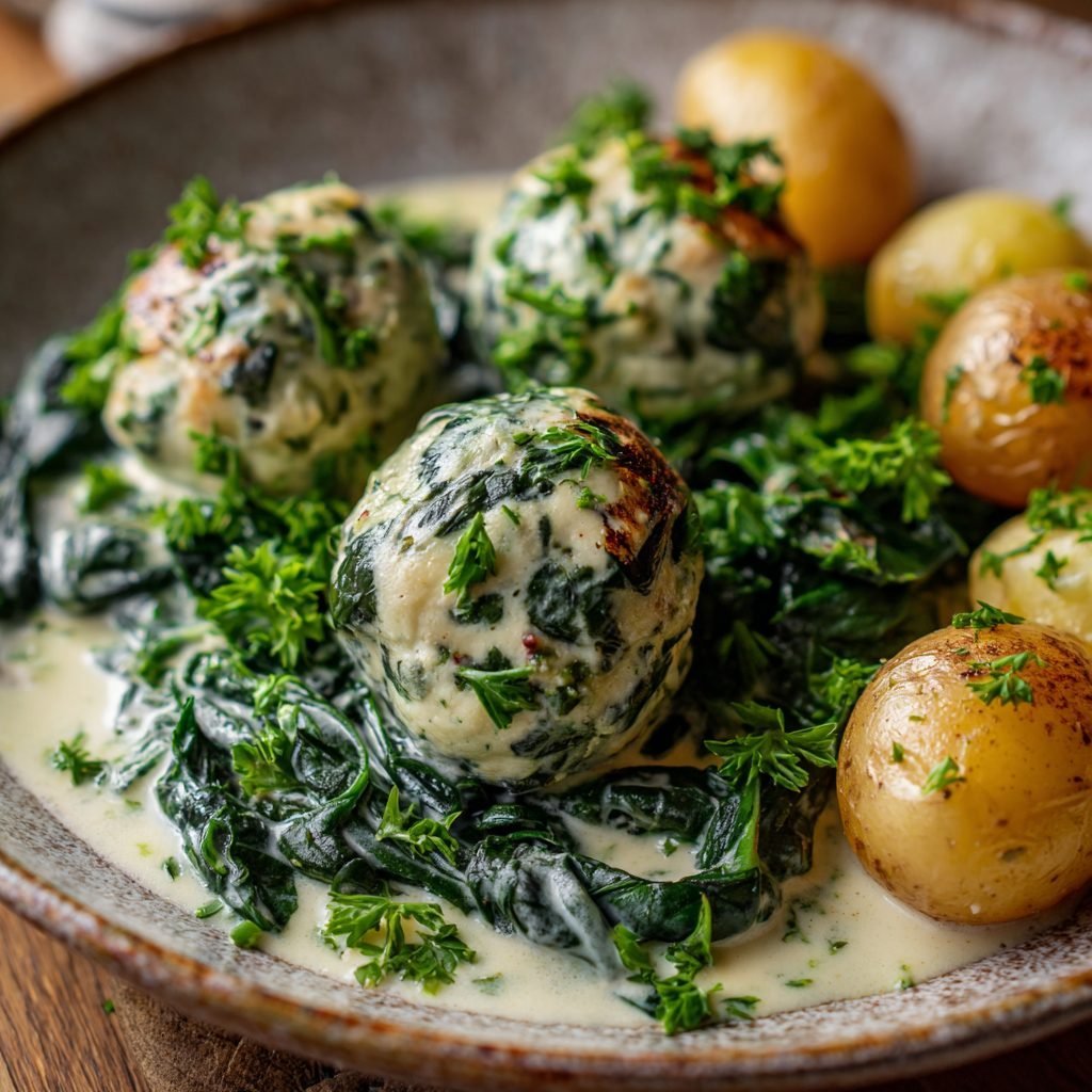 Vegetarische Bärlauch-Quark-Klößchen auf Rahmspinat mit neuen Kartoffeln