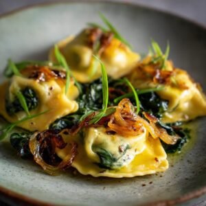 Vegetarische Maultaschen mit Salbeibutter und Röstzwiebeln