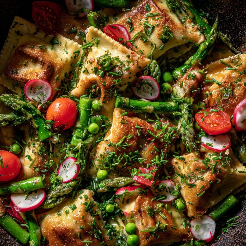 Vegetarische Maultaschenpfanne mit frischem Frühlingsgemüse