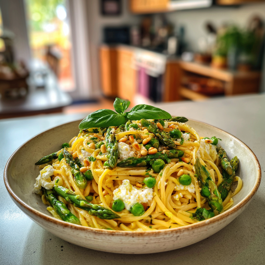 Linguine mit Ricotta, grünem Spargel, jungen Erbsen und gerösteten Pinienkernen