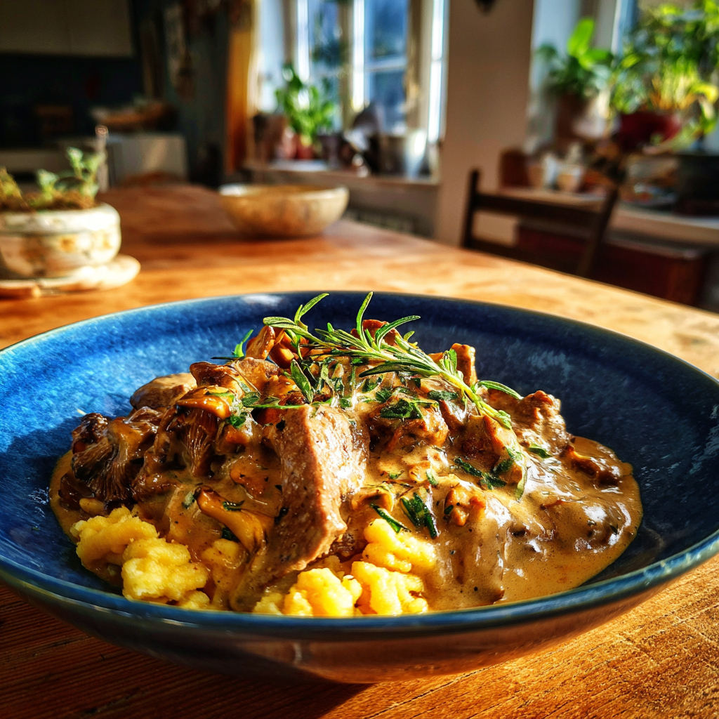 Kalbsgeschnetzeltes mit Morcheln und Estragon auf Spätzle