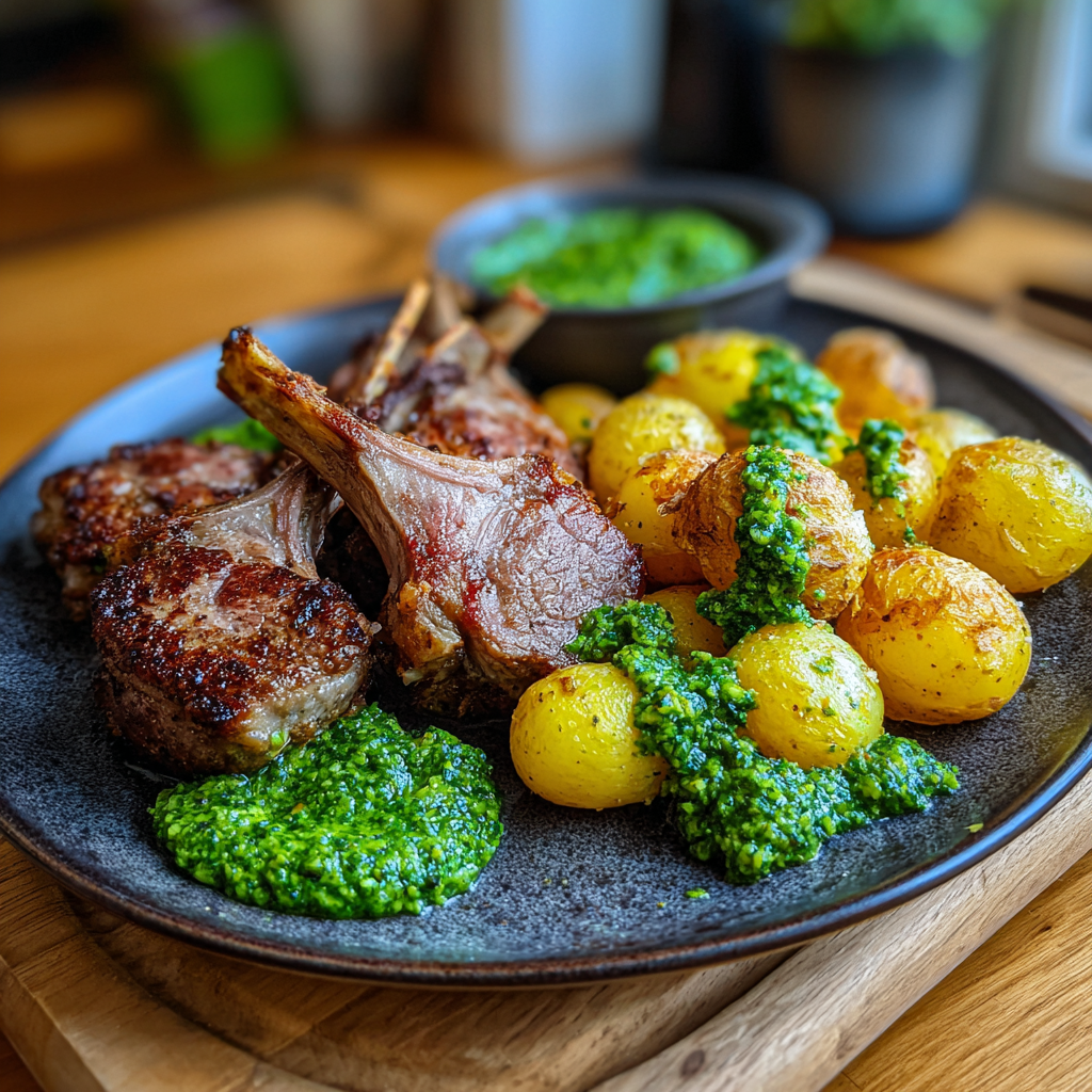 Lammkoteletts mit Bärlauch-Pesto und jungen Kartoffeln