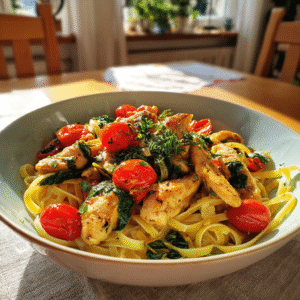 Hähnchengeschnetzeltes mit jungen Spinatblättern, Kirschtomaten und Linguine in Zitronen-Kräuter-Sauce