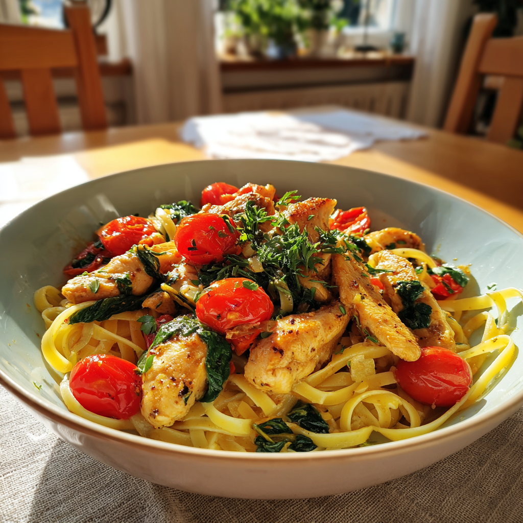 Hähnchengeschnetzeltes mit jungen Spinatblättern, Kirschtomaten und Linguine in Zitronen-Kräuter-Sauce