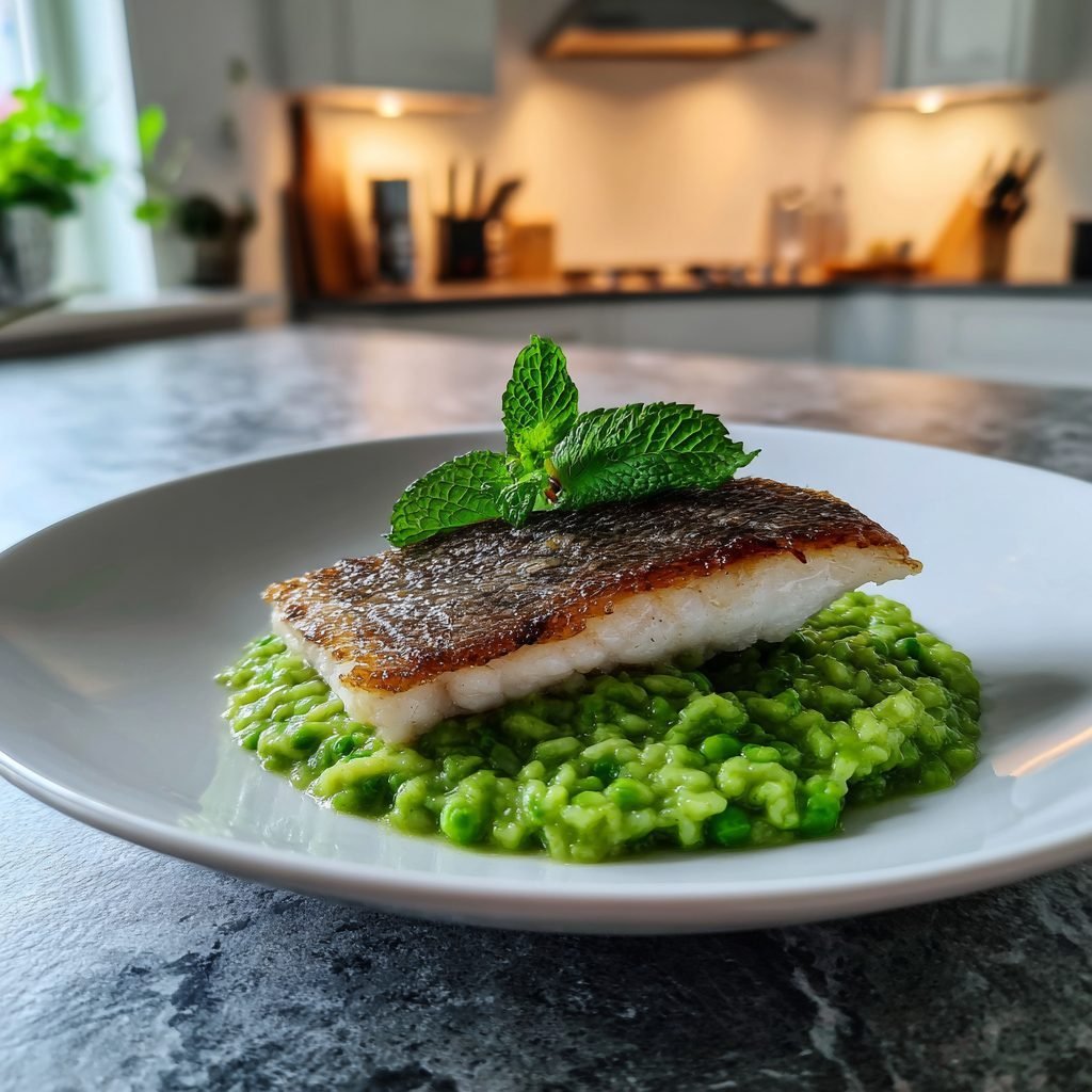 Zanderfilet auf Rahm-Erbsen-Minz-Risotto