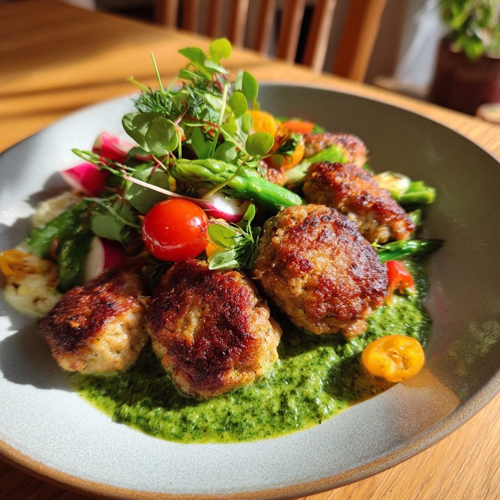 Zarte Lammfrikadellen mit cremigem Bärlauch-Dip und frischem Spargelsalat
