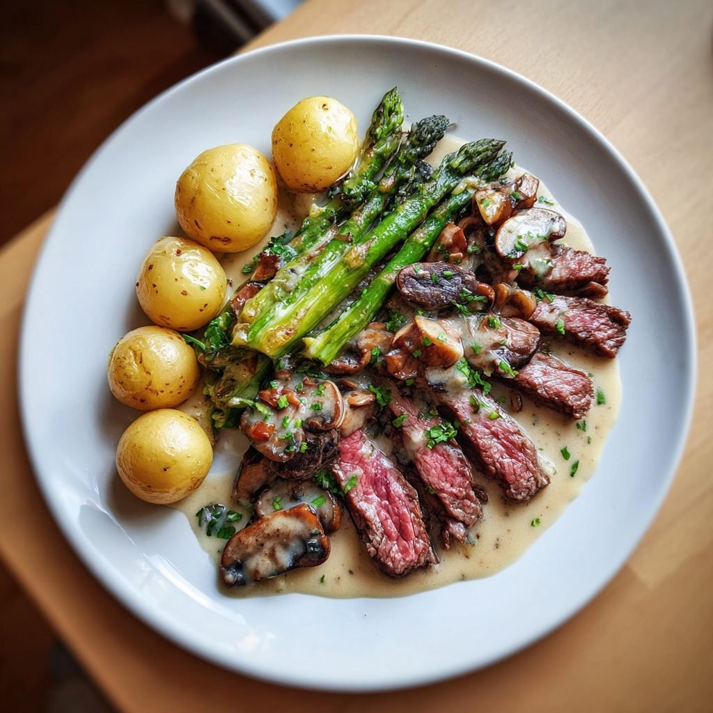 Zarte Rinderstreifen mit Morchel-Spargel-Ragout und neuen Kartoffeln