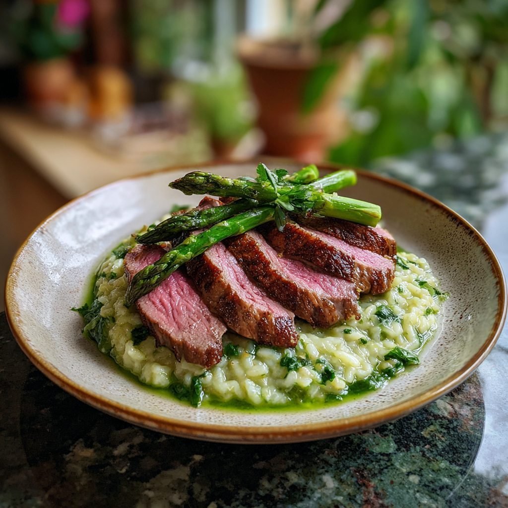 Zartes Lammfilet mit cremigem Bärlauch-Risotto und gebratenem grünem Spargel
