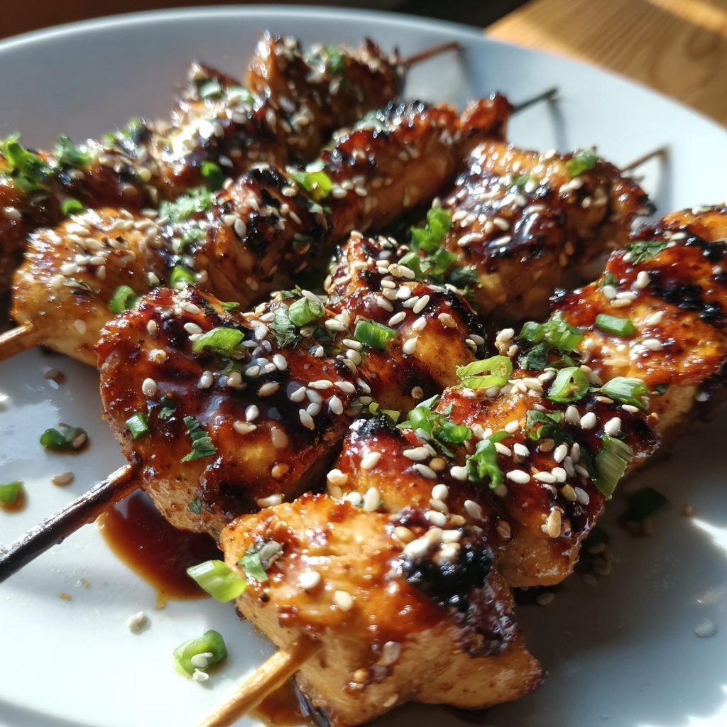 Asiatische Hähnchen-Spieße mit Sesam und Soja-Ingwer-Glasur