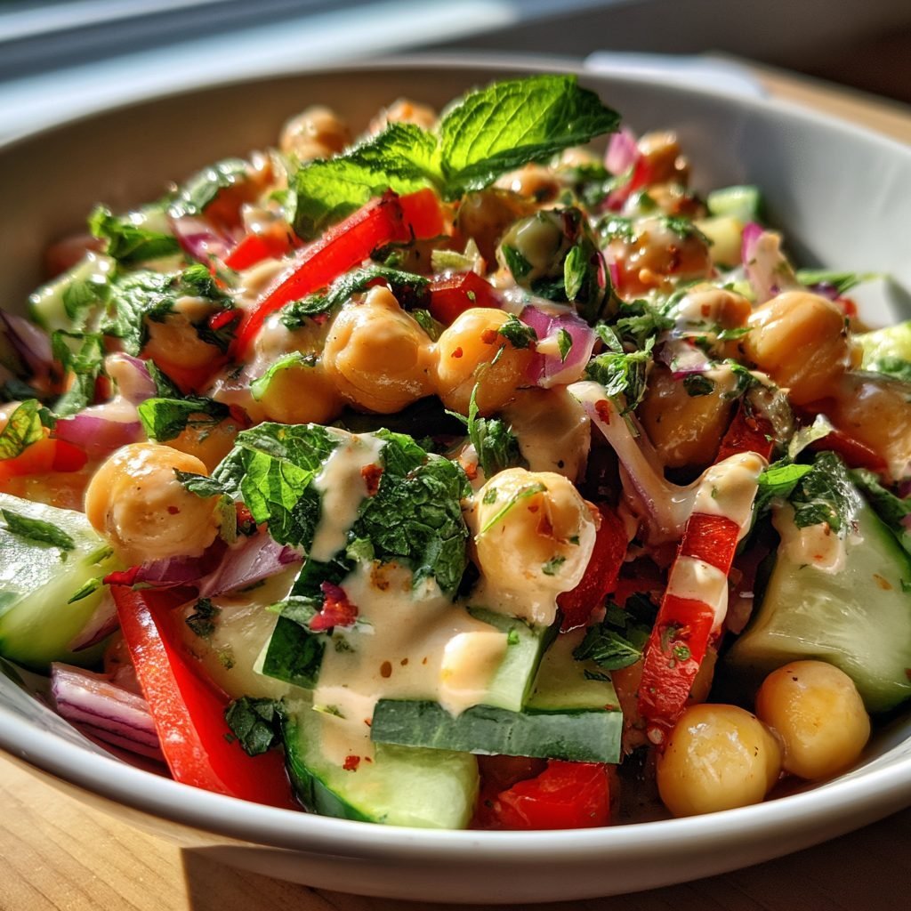 Bunter Kichererbsen-Salat mit Minze, Gurke und Tahini-Dressing