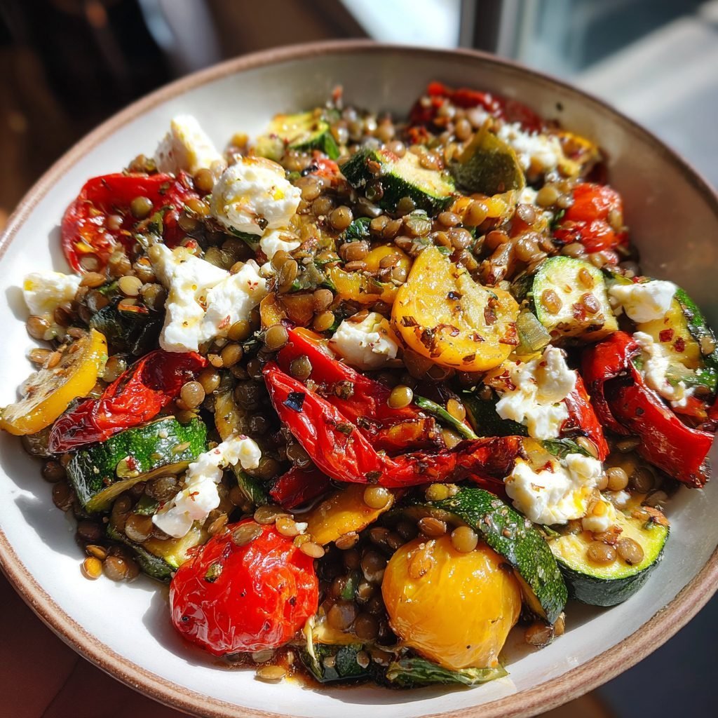 Bunter Linsensalat mit geröstetem Gemüse und Ziegenkäse
