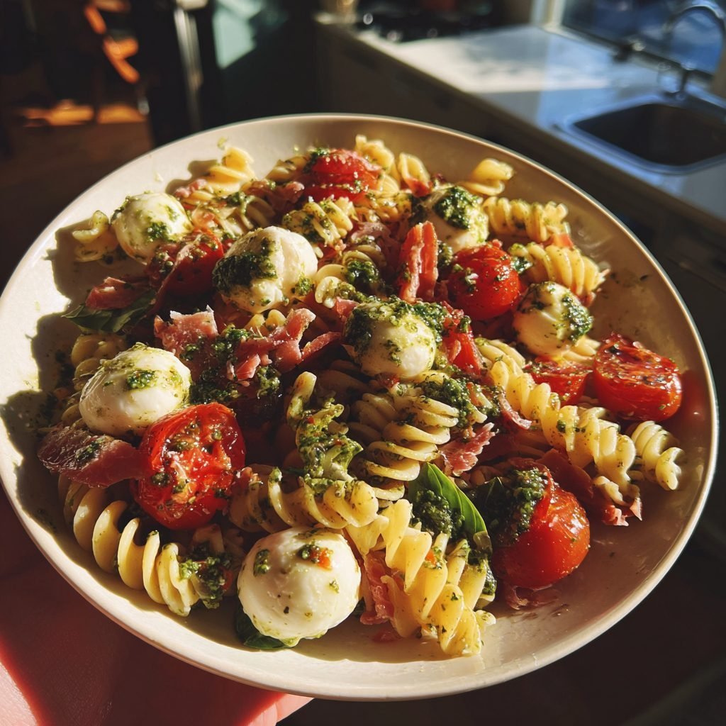 Caprese-Nudelsalat mit frischem Basilikum-Pesto