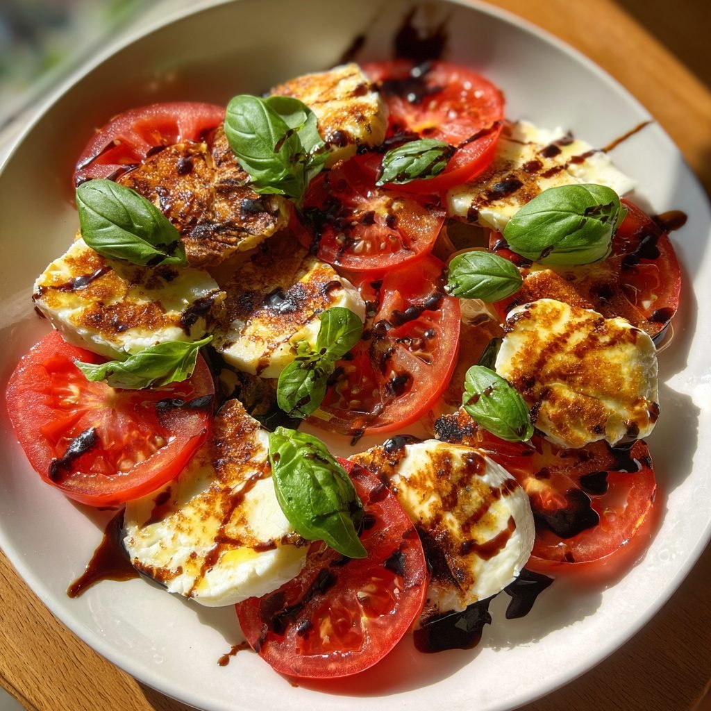 Caprese-Salat mit Balsamico-Glasur und gegrilltem Halloumi