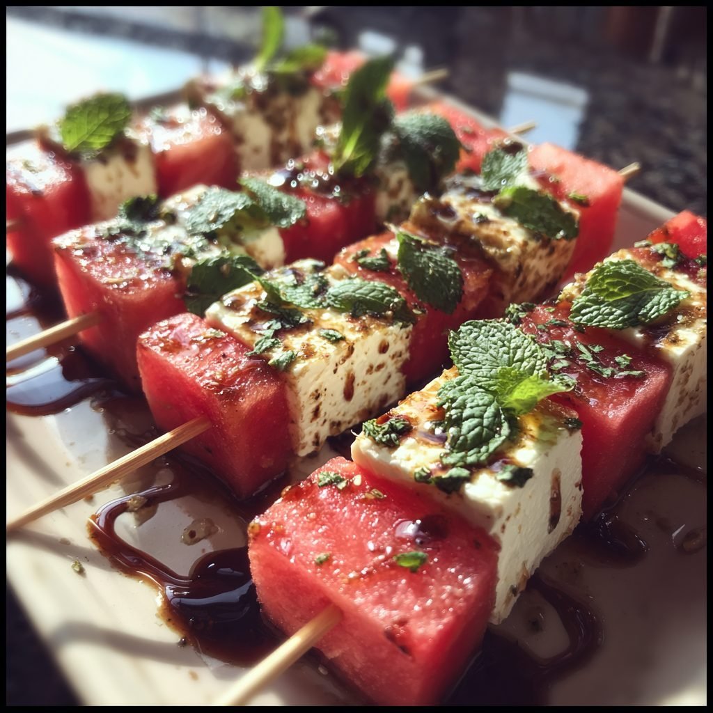 Erfrischende Wassermelonen-Feta-Spieße mit Balsamico-Glasur