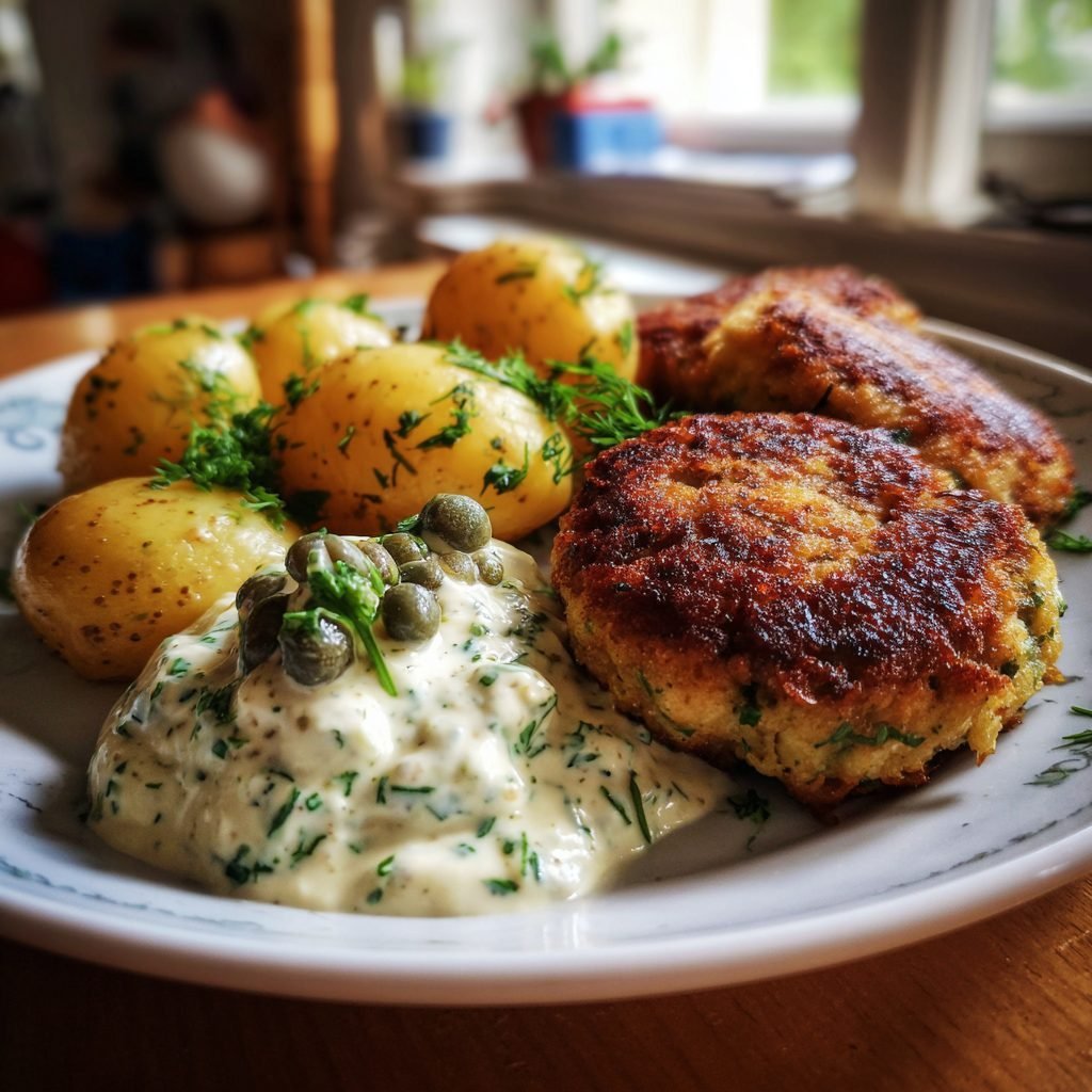 Fischfrikadellen mit Remoulade und jungen Kartoffeln