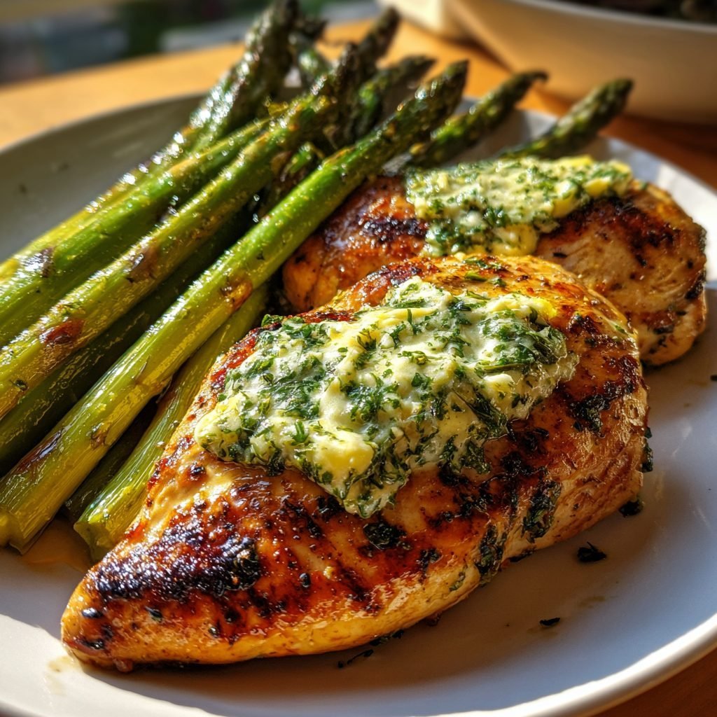 Gegrillte Hähnchenbrust mit Kräuterbutter und grünem Spargel