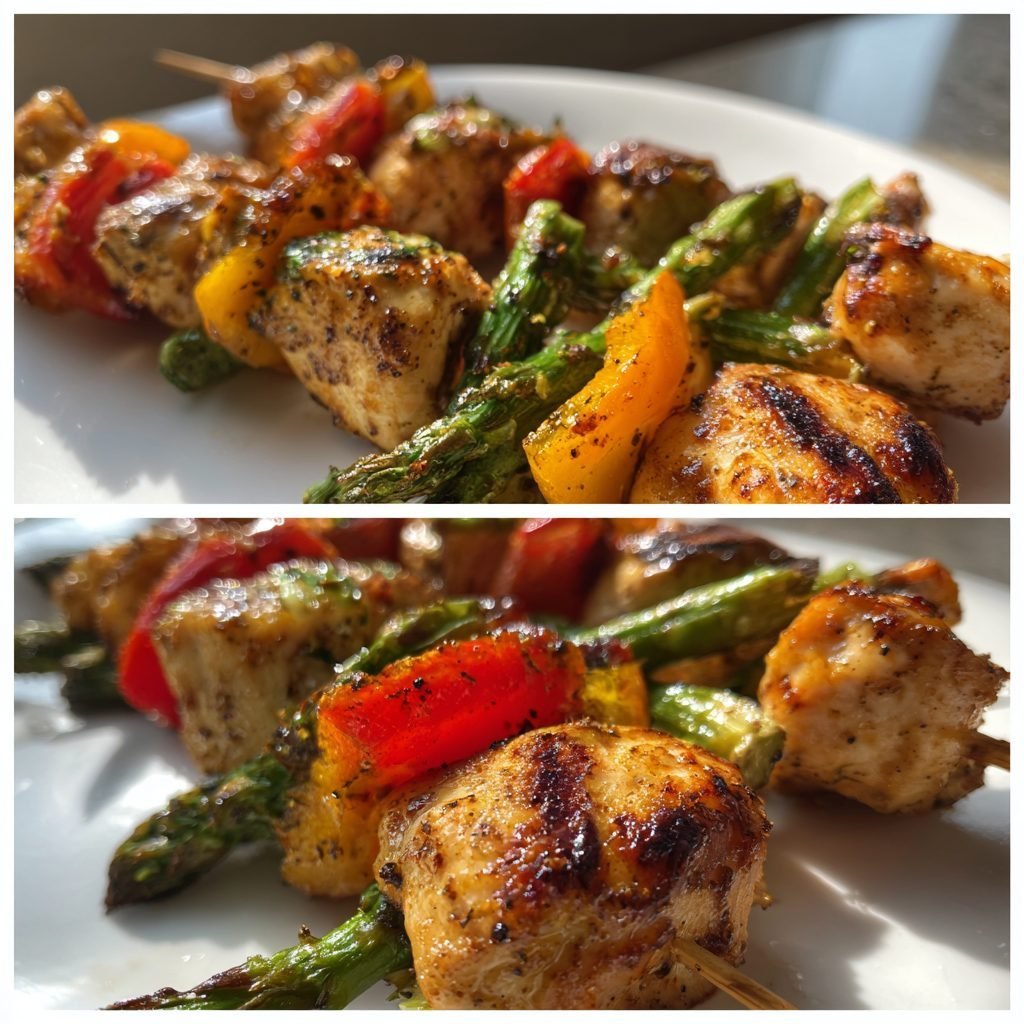Gegrillte Hähnchenspieße mit Spargel und Paprika
