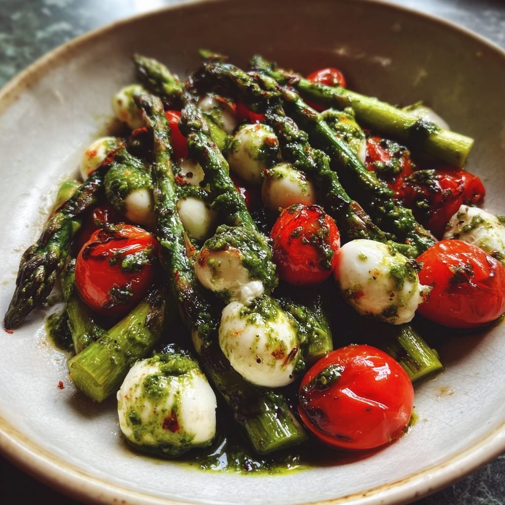 Gegrillter Grüner Spargel mit Kirschtomaten, Mozzarella und Basilikum-Pesto