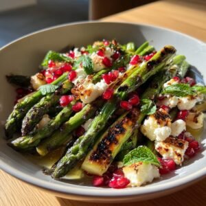 Gegrillter Grüner Spargel-Salat mit Feta-Crumble, Minze und Granatapfelkernen